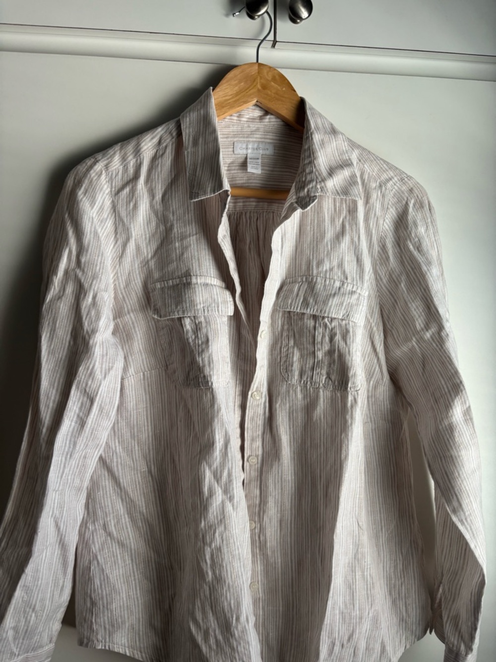 Linen Charter Club Beige & White Striped Lightweight Button-Front Shirt